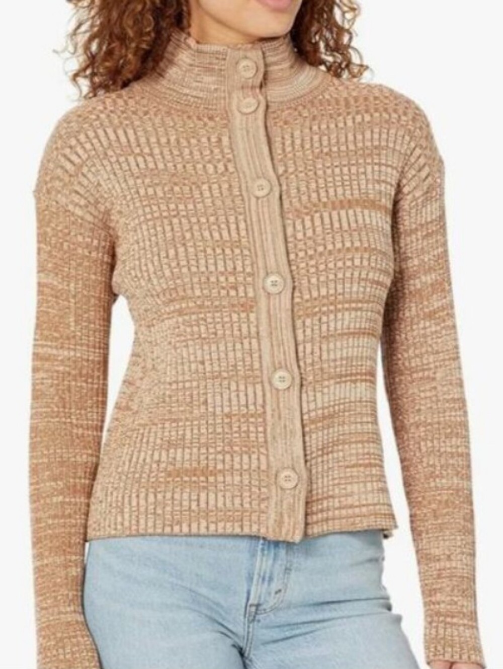Monrow Marled Tan And Brown Button-Front Ribbed Cardigan